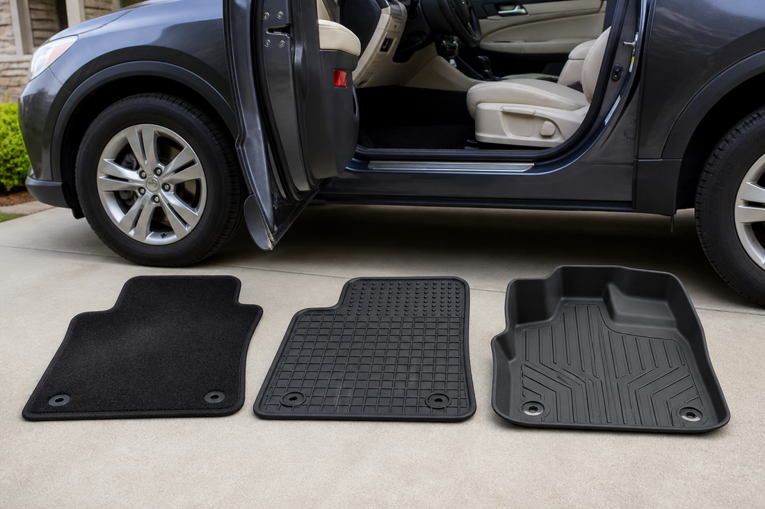 Carpet, rubber, and molded TPE floor mats arranged beside an open vehicle