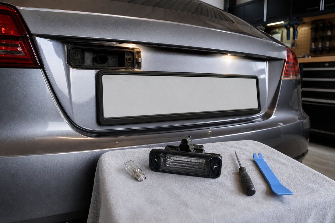 Open license plate light housing at the rear of a vehicle with a replacement bulb, lamp assembly, screwdriver, and trim tool nearby