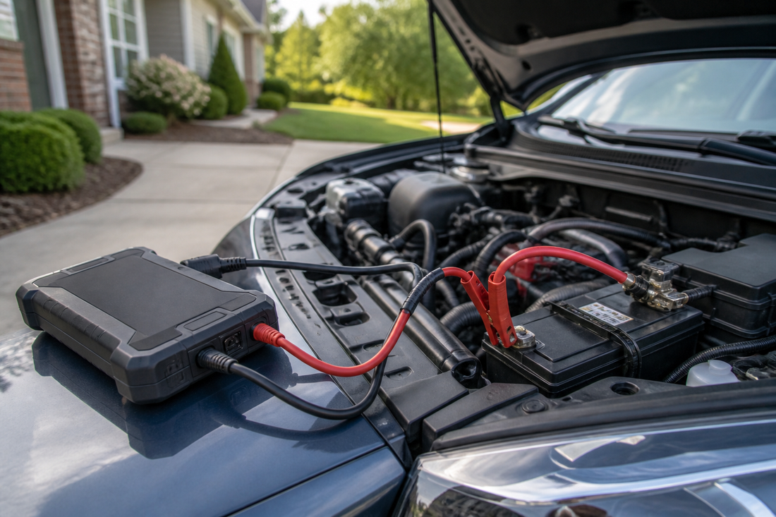 Portable car jump starter positioned beside an open hood and intact vehicle battery
