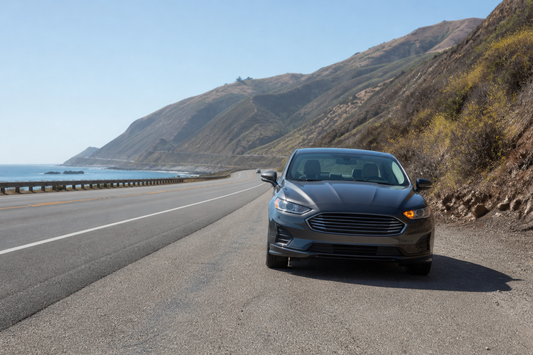 Car safely pulled onto a roadside shoulder during an overheating emergency with its hood closed