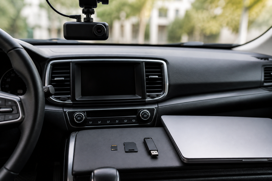 Dash cam and microSD card troubleshooting setup inside a parked vehicle