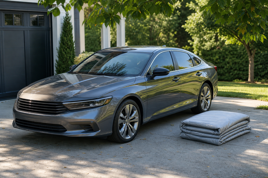 Clean car parked in a sunny driveway near trees with a folded car cover beside it
