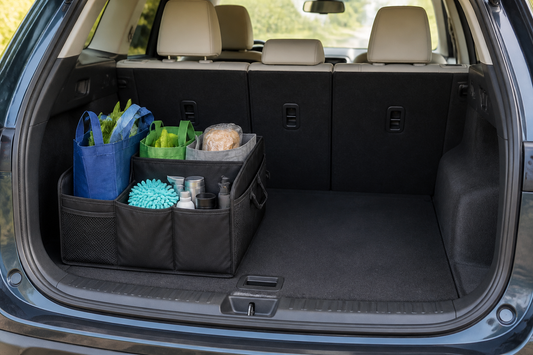 Organized car trunk with daily essentials in a divided organizer and open space for changing cargo