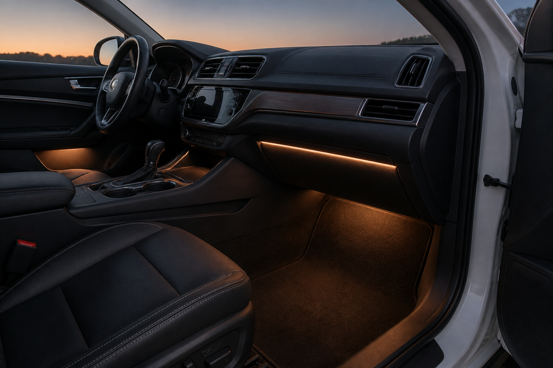 Subtle LED strip lighting installed beneath the dashboard and along the front footwells of a car