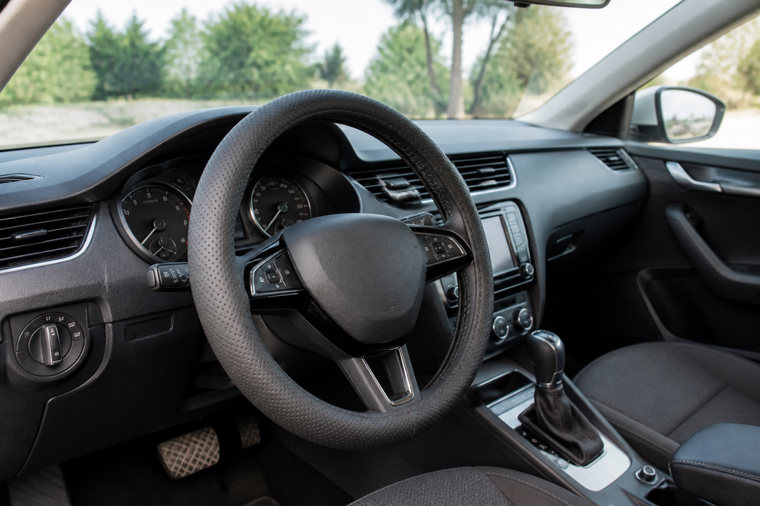 Steering wheel with an evenly fitted textured cover in a clean car interior