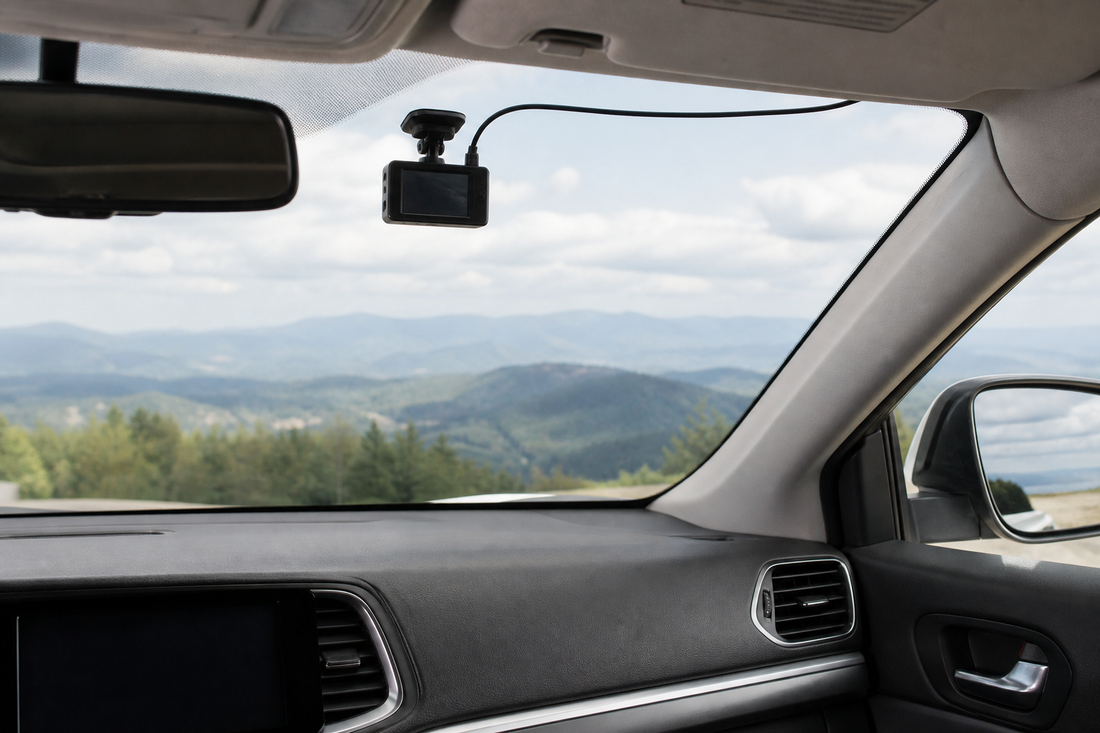 Dash cam fully installed behind a windshield with its power cable hidden neatly along the headliner and side trim