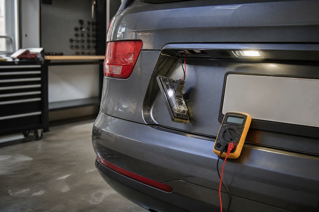 Vehicle rear license plate light being diagnosed with a multimeter