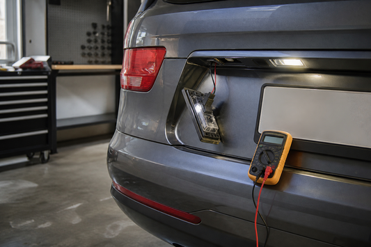 Vehicle rear license plate light being diagnosed with a multimeter