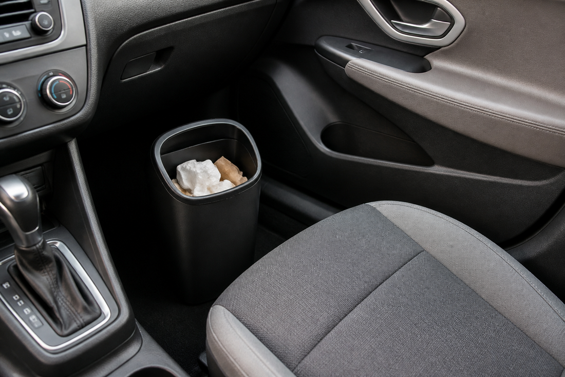 A compact car trash can securely containing wrappers inside an organized vehicle cabin