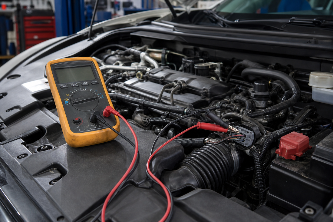 Digital multimeter being used to test an automotive sensor circuit in an open engine bay