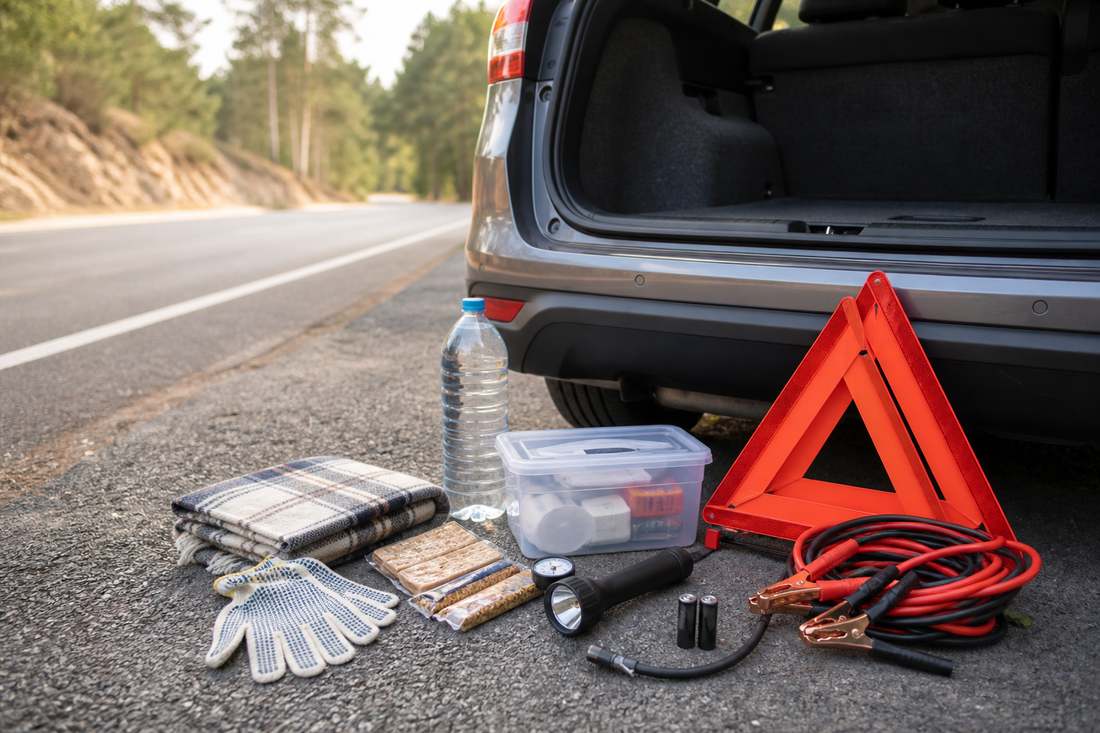 Organized car emergency kit beside the open trunk of a safely parked vehicle