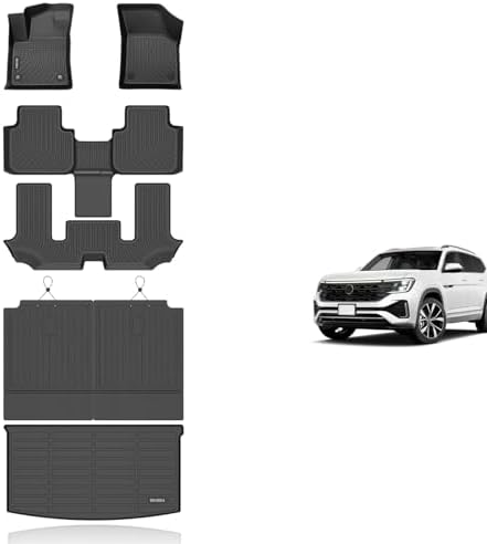 KELCSEECS® Floor Mats & Cargo Liner Custom for Volkswagen Atlas 2026 2025 2024-2018 6 Passenger Bucket,All Weather Protection Anti-Slip TPE Floor Liners Full Set Volkswagen Atlas Accessories Black