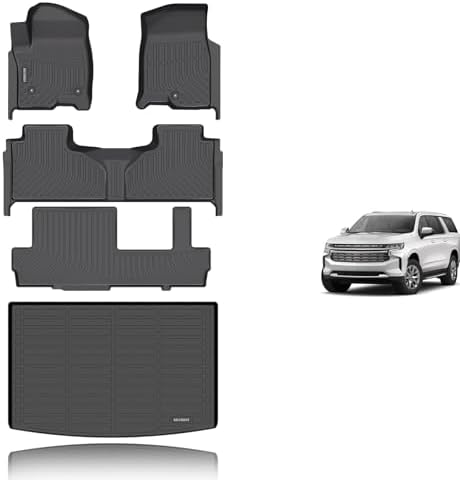 KELCSEECS® Floor Mats & Cargo Liner Custom for 2021-2026 Chevy/Chevrolet Suburban & GMC Yukon XL 8 Seats Bench Seats All Weather Protection TPE Floor Liners Full Set Chevy Suburban Accessories Black