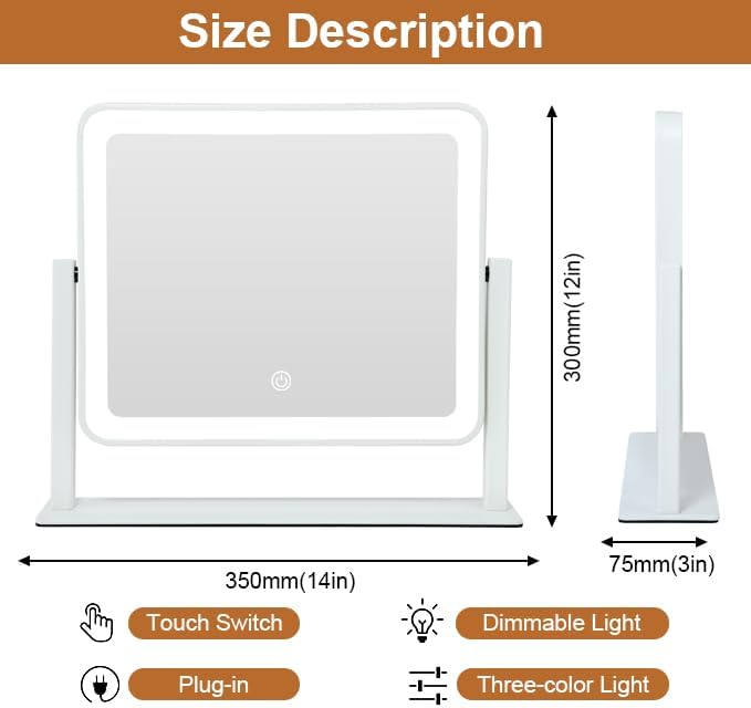 YEKKOPT Rechargeable Vanity Mirror with Lights, 10"×12" LED Makeup Mirror, Smart Touch Control, 3 Color Lighting with Adjustable Brightness,Cosmetic Mirror for Bedroom, Vanity Desk, Beauty Routine