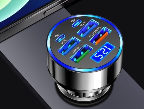 USB-C 6-Port Super Fast Car Charger with LED Voltage Monitor | Multi-Device Cigarette Lighter Adapter Compatible with iPhone, Samsung, Huawei, OnePlus, Oppo & Vivo Phones (Pack of 2)