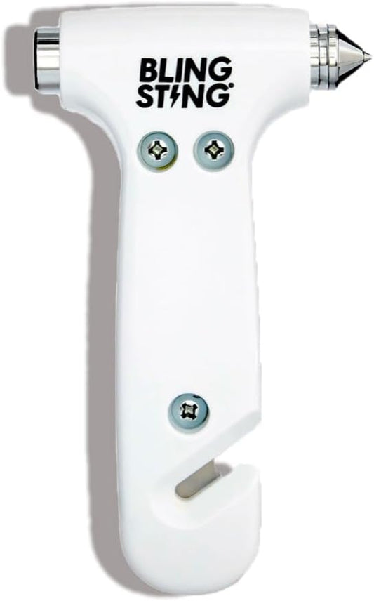 BLINGSTING Safety Hammer - Emergency Automotive Escape Tool with Window Breaker, Seat Belt Cutter & Adjustable Car Visor Strap - Tempered Glass Breaker - Steel Blade - White (1 Count)