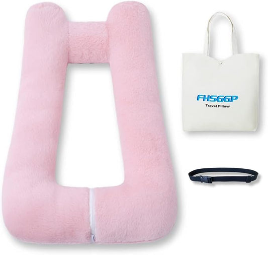 FHSGGP Travel Pillow Upgraded Version of Aircraft Travel Neck Pillow | With Storage bag, Sleep Pillows for Travel by Train, Car, or Plane, Supporting the Head and Body, Travel Pillow for Kids Pink