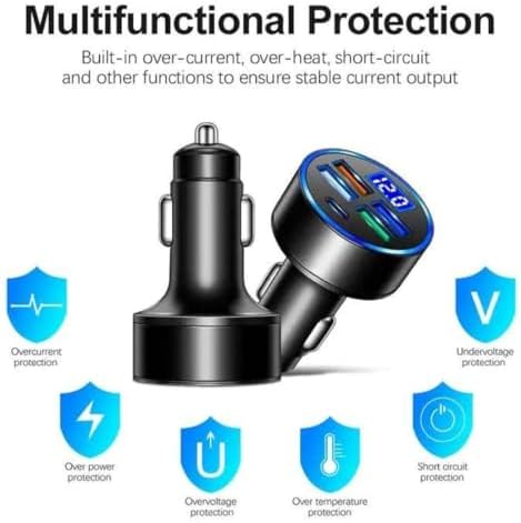 Car Charger 5 Port Cigarette Lighter USB Adapter LED Voltage Monitor (4USB+PD) Cigarette Lighter Adapter USB C Compatible with Android/iPhone and Tablets Devices (Pack of 2)