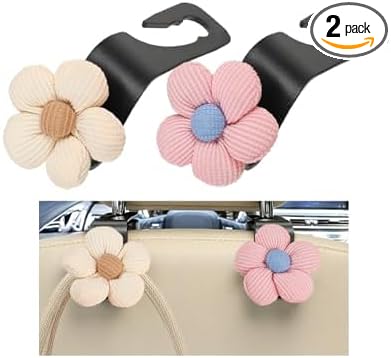 2PCS Car Seat Headrest Hook, Cute Flower Vehicle Backseat Purse Handbag Storage Hanger, Floral Auto Seat Back Holder Hook for Coat Umbrella Grocery, Universal for Vehicles (Beige/Pink)