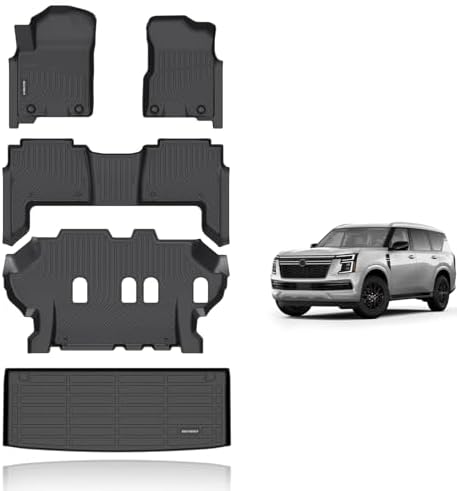 KELCSEECS® Floor Mats & Cargo Liner Custom for 2019-2024 Nissan Armada/Infiniti QX80 8 SeatsBench Seat Waterproof All Weather Mats Guard Automotive Liners Full Set Accessories Black