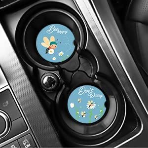 LogHog 2.56" Ceramic Car Coasters - Adorable Bee Design: Don't Worry, Bee Happy - Perfect Auto Cup Holders for Car, Absorbent, Durable