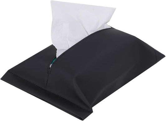 Car Tissue Holder PU Leather Square Tissue Case for Console Sun Visor Headrest Fits 10” Soft Pack Tissues (Black)