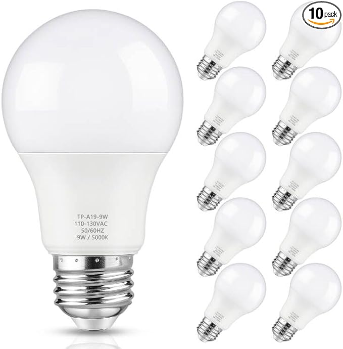 Maylaywood A19 LED Light Bulbs, 60 Watt Equivalent, 5000K Daylight White, 850LM, Non-Dimmable, E26 Base, 9W Bright White LED Bulbs, 10-Pack