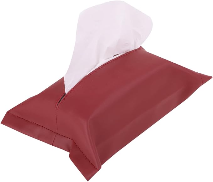 Car Tissue Holder – PU Leather Tissue Case for Console, Sun Visor & Headrest, Fits 10” Soft Pack Tissues (Wine Red)