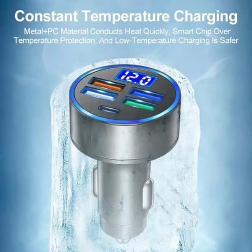 Car Charger 5 Port Cigarette Lighter USB Adapter LED Voltage Monitor (4USB+PD) Cigarette Lighter Adapter USB C Compatible with Android/iPhone and Tablets Devices (Pack of 2)