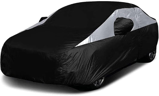 Titan Jet Black Poly 210T Car Cover for Compact Sedans 176-185". Waterproof, UV Protection, Scratch Resistant, Driver-Side Zippered Opening. Fits Corolla, Sentra, Cruz and More.