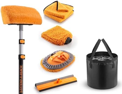 Car Wash Kit with Bucket and 5-12 ft Extension Pole // Car Washing Brushes Set with Telescopic Pole // Microfiber Wash Mop // Soft Wash Brush and Car Wash Tools // The Ultimate RV, Truck Washing Kit