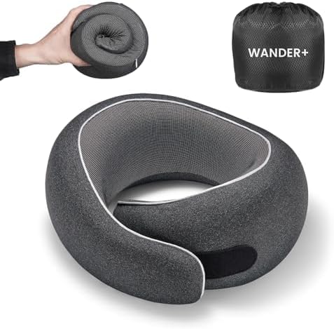 WANDER+ Plus® Travel Pillow, 100% Pure Memory Foam Travel Neck Pillow Airplane Neck Support Ergonomic Design Best for Sleeping Plane Car Train Office Flight for Adults Black
