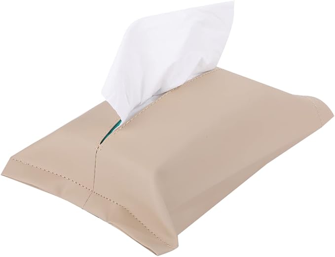 Car Tissue Holder – PU Leather Tissue Case for Console, Sun Visor & Headrest, Fits 10” Soft Pack Tissues (Beige)
