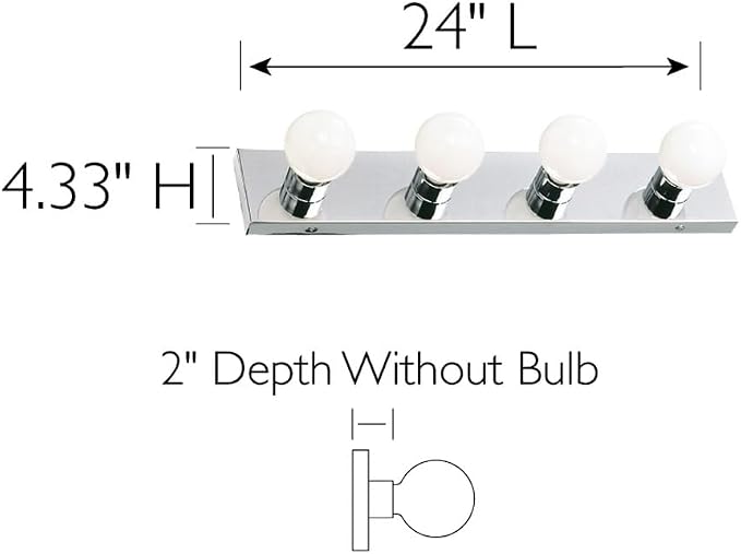 Design House Vanity Lighting, Steel Construction, 4 Vanity Lights, Dimmable, Uses Four 60W Bulbs, Polished Chrome, 24.0 in. W x 4.3 in. H x 2.0 in. D, 500892