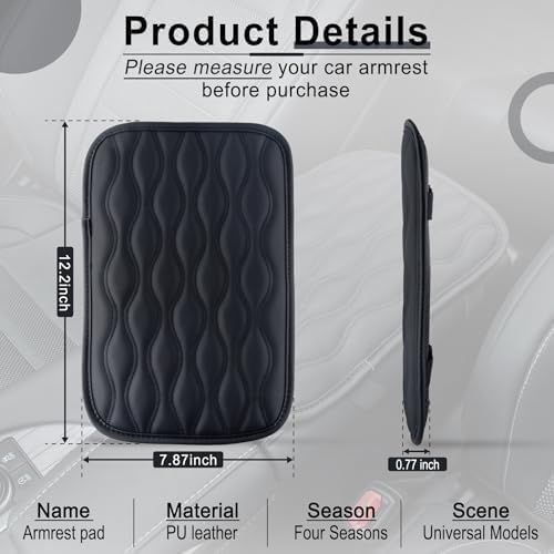 Amiss Car Center Console Cover, Upgraded Leather Car Armrest Cushion, Universal Waterproof Cushion Pad, Non-Slip Car Interior Accessories, Fits Most Sedans SUVs Trucks (Black)