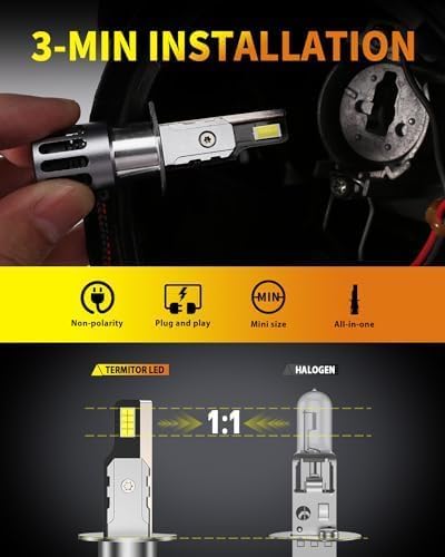 Termitor Latest H1 Bulbs, 80,000LM Brightness High Beam, Pack of 2 | 85000+ Hours Long Service Life, 6500K Cool White, Real 1:1 Halogen Size H1 Exterior Fog Light Bulbs, 3 Mins Plug N Play