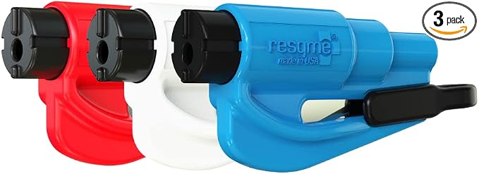 resqme The Original Emergency Keychain Car Escape Tool, 2-in-1 Seatbelt Cutter and Window Breaker, Made in USA, Family Pack of 3, Red, White, Blue - Compact Emergency Hammer