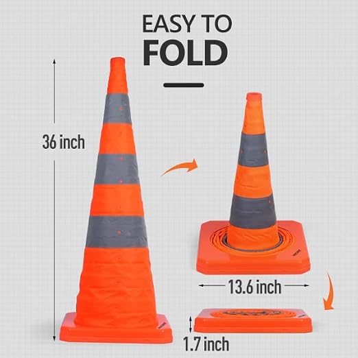 BATTIFE [4 Pack] 36 Inch Collapsible Traffic Safety Cones, Orange Cones, Multi Purpose Pop-up Cones with Reflective Collar, for Road Parking, Driving Practice
