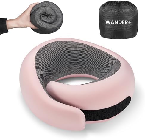 WANDER+ Plus® Travel Pillow, 100% Pure Memory Foam Travel Neck Pillow Airplane Neck Support Ergonomic Design Best for Sleeping Plane Car Train Office Flight for Adults Pink