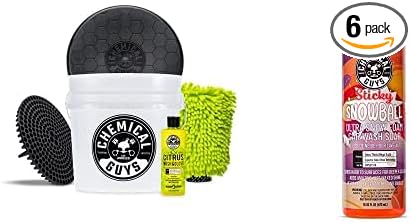 Chemical Guys CWS21516BK Car Wash Detailing Bucket, Mitt & Accessories Bundle (6 Items) Featuring Sticky Snowball Ultra Snow Foam Car Wash Soap, 16 oz - Works on Cars, Trucks, SUVs, RVs & More