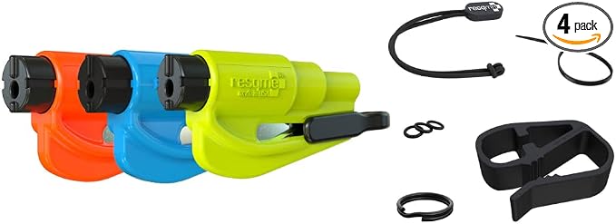Resqme Accessory Pack The Original Emergency Keychain Car Escape Tool, 2-in-1 Seatbelt Cutter and Window Breaker, Made in USA With Visor Clip, Lanyard, Keyring and Cable Tie - Blue, Orange, Yellow