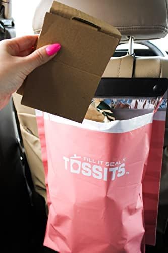 Tossits Hanging Car Trash & Garbage Bags, Disposable, Pink 21 Count | 2 gal, 12 x 15 in, fits over headrest or console, recycled plastic, leakproof, seals odors, everyday light waste