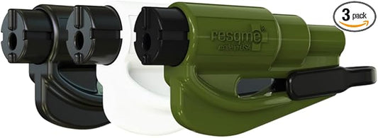 resqme The Original Emergency Keychain Car Escape Tool, 2-in-1 Seatbelt Cutter and Window Breaker, Made in USA, Family Pack of 3, Black, White, Army Green - Compact Emergency Hammer