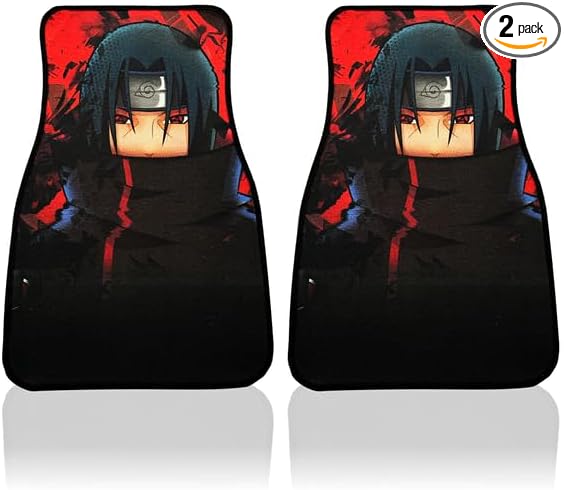 Anime Car Carpet Mat Set of 2 Front, Black Itchii Design Automotive Accessories Interior All Weather Floor Mats Decor with Non Slip Black Anti Skid Backing