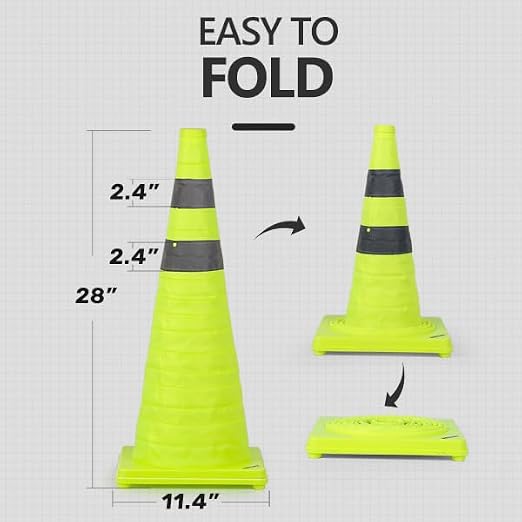 BATTIFE [4 Pack] 28 Inch Collapsible Traffic Cones, Lime Green Safety Cones, Pop-up Cones with Reflective Collar, for Driving Practice,Road Parking (Green)
