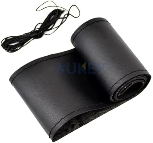 AUTOXBERT 38cm/15 Inch Leather Steering Wheel Cover Stitch On Wrap, Black | Breathable, Anti-Slip Steering Wheel Cover for Nissan Qashqai Toyota Camry RAV4 VW Golf