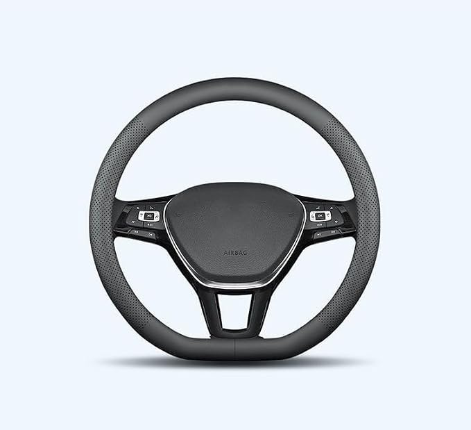 XHRING D-Shaped Car Steering Wheel Cover for Volkswagen VW Atlas Tiguan ID.4 Taos Passat Golf Jetta Beetle Polo GTI CC Touareg SE SEL R-line S Cross Sport Accessories, 2026 Leather Black