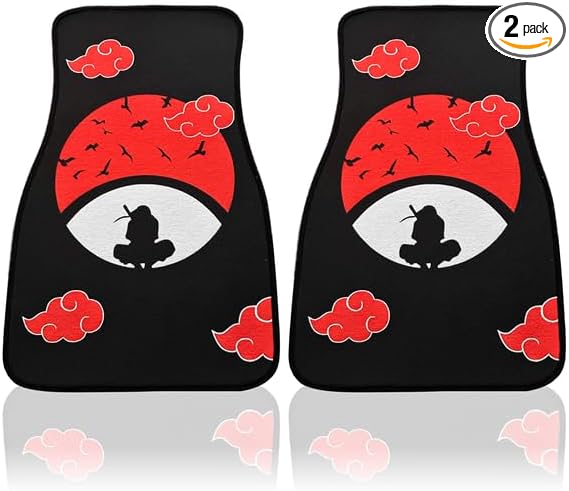 Anime Car Carpet Mat Set of 2 Front, Black Uchha Design Automotive Accessories Interior All Weather Floor Mats Decor with Non Slip Black Anti Skid Backing