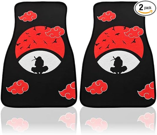 Anime Car Carpet Mat Set of 2 Front, Black Uchha Design Automotive Accessories Interior All Weather Floor Mats Decor with Non Slip Black Anti Skid Backing