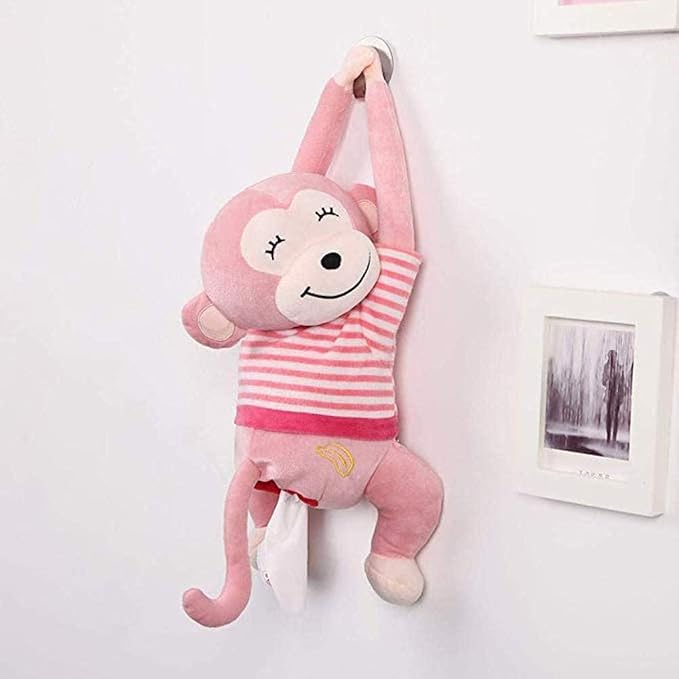 Elephant Tissue Box Cover Plush Tissue Box Holder for Car, Home, Decorative Holder/Organizer for Bathroom Vanity Countertop, Nightstands, Office Desk-Pink Monkey